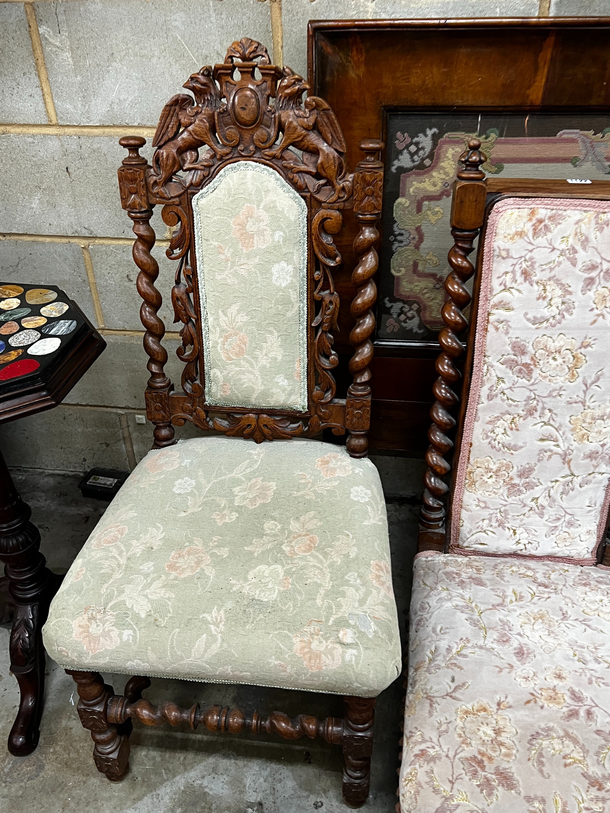 A Victorian walnut prie-dieu nursing chair, an oak barley twist single chair and one other chair